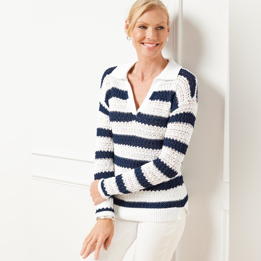 TALBOTS OPEN KNIT Striped Navy and White Women's Sweater with collar